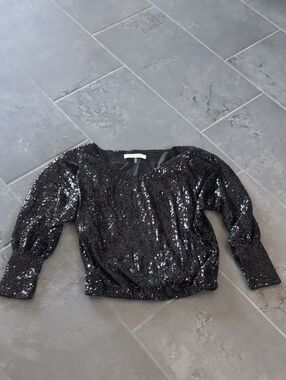 Trina Turk Black Sequin Puff-Sleeve Crop Top